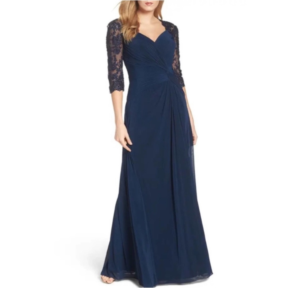 La Femme Deep Blue Maxi Dress with Lace Sleeves